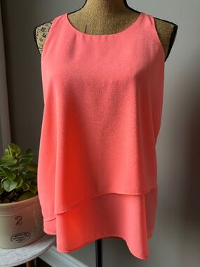 Pink Rose Neon Coral Chiffon Style Layered Tank Top Flowy Sleeveless Blouse M